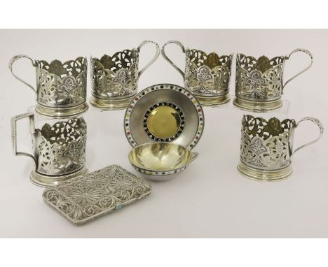 A set of five Soviet metalwares and niellowork teacup holders,post 1958,with pierced foliate decoration, 8.75cm high to top o