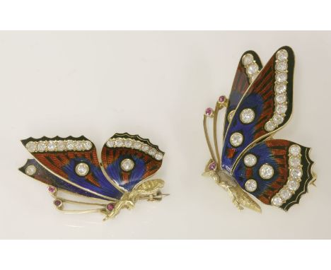 A pair of late Victorian diamond and enamel set butterfly brooches, c.1895,the two graduated butterflies with polychrome enam