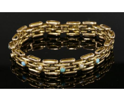 An Edwardian turquoise and split pearl set expanding gold gate bracelet, c.1900,a three-row expanding gold gate bracelet, wit