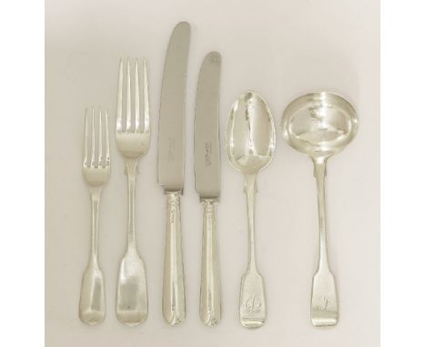 A George IV/Victorian composite silver fiddle pattern flatware service,mixed dates and makers,comprising:12 table forks,12 de