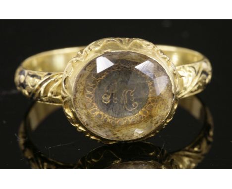 A Stuart Crystal ring, 1690-1710,  HBwith an oval landscape head, twisted wire gold initials 'AC', with a twisted and looped 