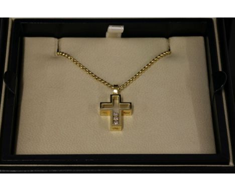 A Chopard 'Happy Diamonds' cross and chain,with a glazed Latin-style cross with three 'Happy Diamonds'.  Suspended on a baby 