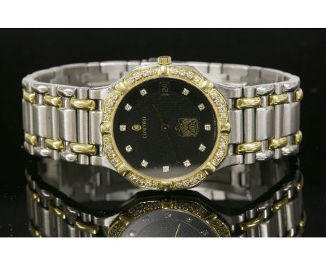A gentlemen's bi-colour Concord Saratoga quartz bracelet watch,with a diamond set dial and bezel.  Black textured circular di