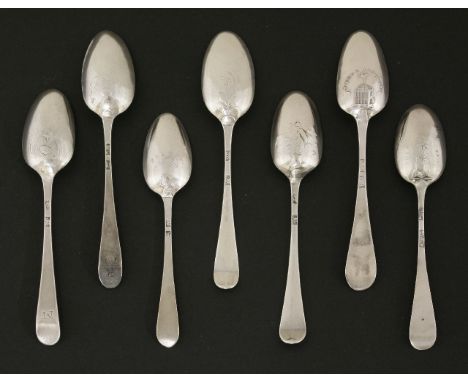 A group of six George III silver hanoverian and old english picture-back teaspoons,mixed dates and makers,comprising two with