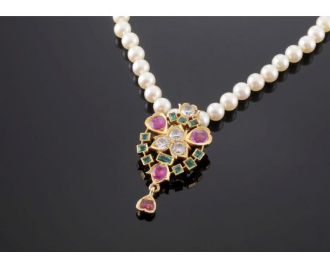 An Indian high carat gold, cultured pearl, white zircon, ruby, emerald and spinel necklace,the pendant composed of a trefoil 