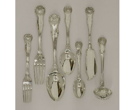 A William IV/Victorian composite silver kings husk pattern flatware service,the following by George Adams, London 1841,6 tabl