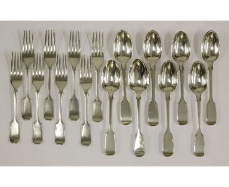 Eight Victorian silver fiddle pattern dessert spoons, seven by Aldwinckle & Slater, London 1889/90, one by William Rawlings S