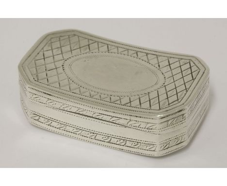 A George III silver snuff box, by Samuel Pemberton, London 1800,of rectangular form with canted corners with concave cover an