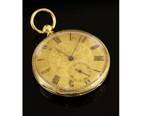 A gold Swiss key wound open-faced pocket watch, c.1860,40mm diameter, engine turned and hand engraved gold dial with black Ro