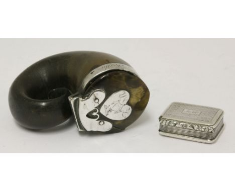 A Victorian Scottish silver mounted horn snuff mull,  HBunmarked,inscribed 'May Friendship Never Lose A Feather' around rim, 