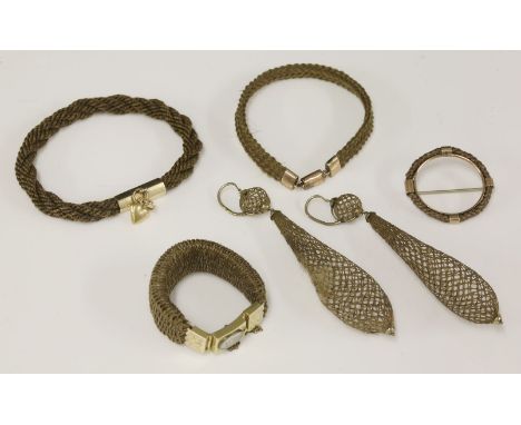 A pair of Victorian light brown woven hair drop earrings,  HBof woven pippin form, damage, with a balloon top to hinged hook 