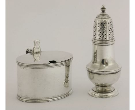 A George II silver caster,  HBmaker’s mark unclear, London 1755,of baluster form on circular foot, the pierced domed cover wi