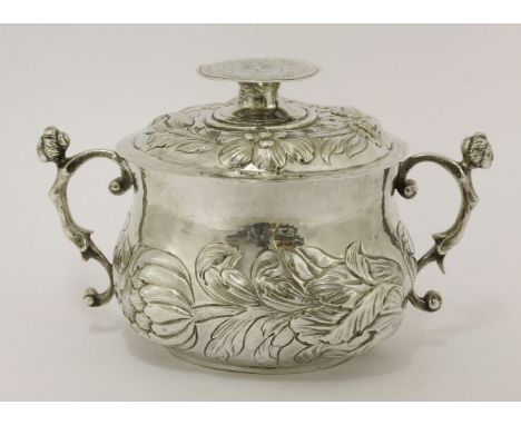 A Commonwealth silver two-handled porringer and cover,by Francis Leake, London 1658,of baluster form, the body and cover chas