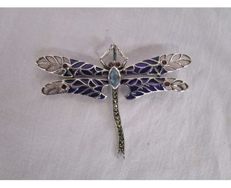 Silver &amp; champlevé enamel stone set dragonfly brooch