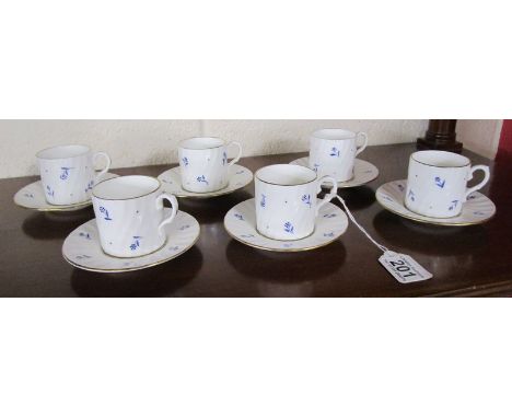 6 blue &amp; white coffee cans and saucers