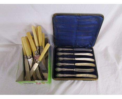 Cased silver handled knives &amp; silver collared flatware