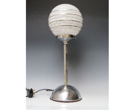 A CHROME ART DECO TABLE LAMP WITH PERIOD SHADE, overall H 53.5 cm