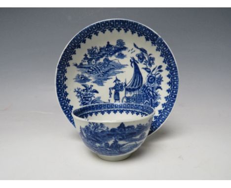 AN  18TH CENTURY WORCESTER FISHERMAN PATTERN TEA BOWL AND SAUCER, saucer Dia. 18 cm