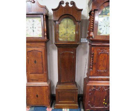 A 19TH CENTURY BRASS FACED 8 DAY LONGCASE CLOCK BY NICKLIN - BIRMINGHAM, the arched brass dial having subsidiary seconds dial