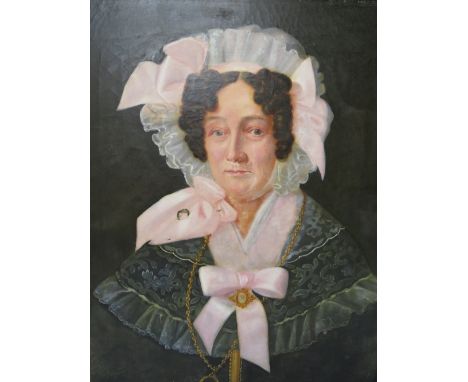 (XIX). A portrait study of a lady with white bonnet and gold necklaces, unsigned, oil on canvas, unframed, 61 x 51 cm