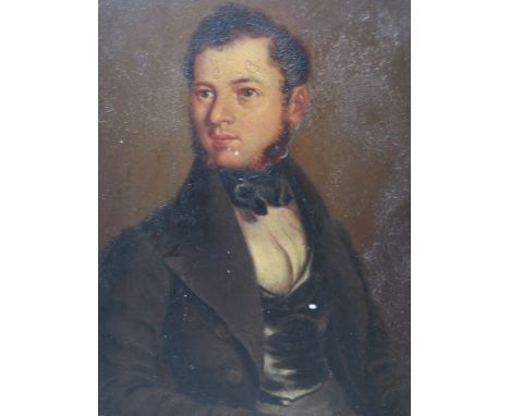 A 19TH CENTURY MINIATURE HALF LENGTH PORTRAIT STUDY OF A GENTLEMAN, unsigned, oil on board, framed, 12 x 9.5 cm