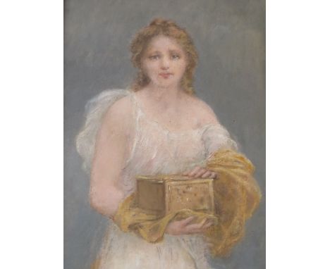 Fr. LAFO ?? (XIX). A portrait study of a young woman in classical dress holding a casket., signed lower right, mixed media on