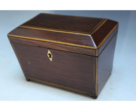 AN INLAID SARCOPHAGUS TEA CADDY, W 18 cm Condition Report:no key, probably matched interior lids
