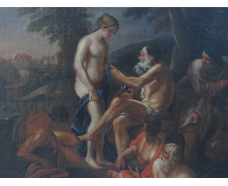 (XVIII). An old master style wooded landscape with female and male figures resting, buildings in background, unsigned, oil on