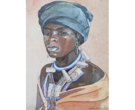 LUCY MARY MULLINS (1920-2008). Portrait of an African lady, signed, mixed media, framed and glazed, 30.5 x 24.5 cm (2)