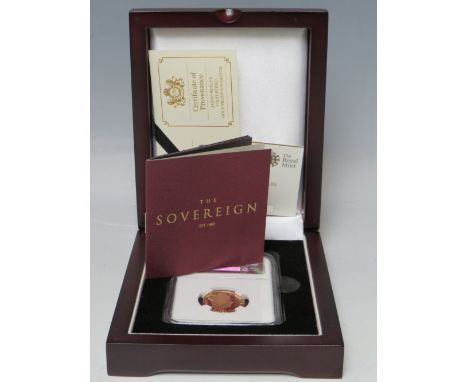 AN ELIZABETH II 2016 90TH FIRST STRIKE GOLD PROOF JAMES BUTLER PORTRAIT SOVEREIGN, with certificate numbered 199 / 500, and p