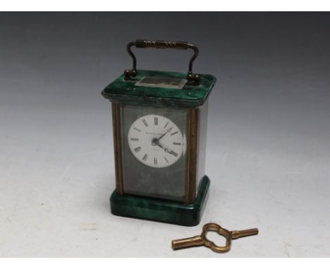 A MATTHEW NORMAN OF LONDON MALACHITE CARRIAGE CLOCK, with key, H 11 cm