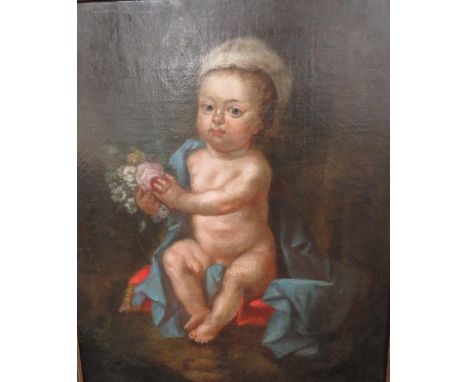 (XVII - XVIII). A portrait study of a seated baby holding a bunch of flowers, unsigned, oil on canvas - relined, framed, 74 x