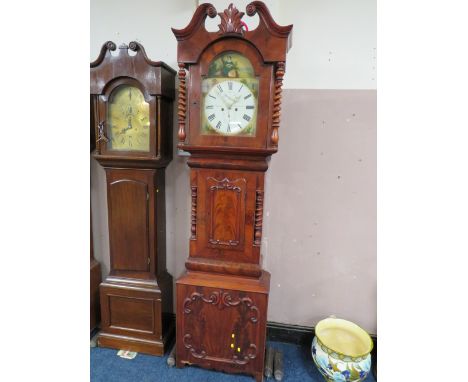 A LARGE 19TH CENTURY 8 DAY MAHOGANY LONGCASE CLOCK BY DUNLOP - NEWCASTLE, the arched painted dial having subsidiary seconds a