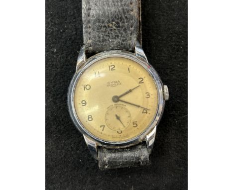 Vintage Cyma triplex wristwatch with sub second dial at 6 o clock, manual wind movement, currently ticking - not tested for t