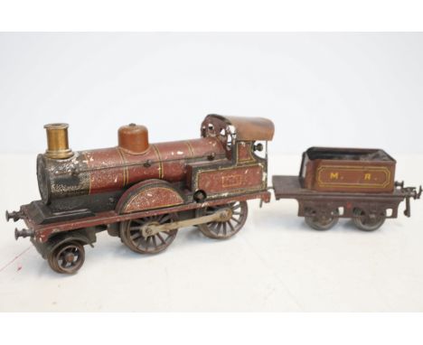 Early clock work train with carriage &amp; track (Possibly Belgium)