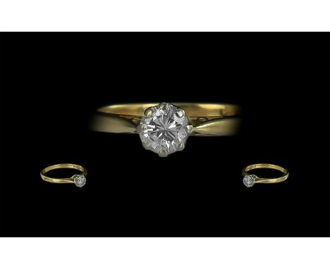 18ct Gold Single Stone Diamond Set Ring. Marked 18ct to Shank. The Round Faceted Diamonds of Excellent Colour / Clarity. Est 