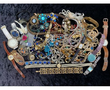 Collection of Vintage Costume Jewellery, comprising necklaces, pearls, beads, bracelets, watches, pendants, brooches, crystal