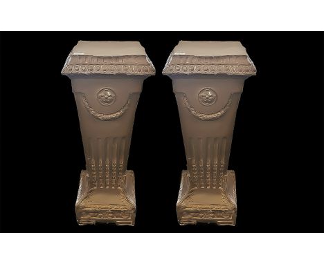 Two Plaster Cast Pedestal Columns, fluted and acanthus decoration painted stone colour.  Height 36''.  