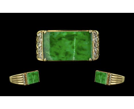 18ct Gold - Pleasing Jade and Diamond Set Dress Ring. Marked 18ct to Interior of Shank. The Rectangular Formed Jade Stone of 