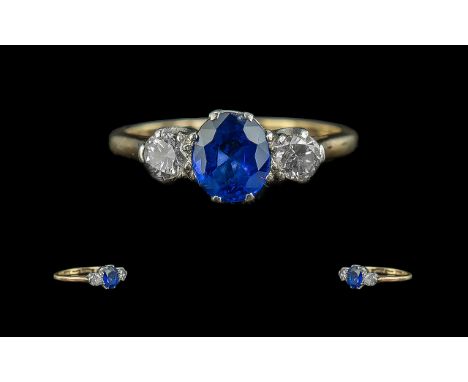 Ladies 18ct Gold And Platinum 3 Stone Diamond &amp; Sapphire Set Dress Ring - Marked Platinum and 18ct. The Central Cornflowe