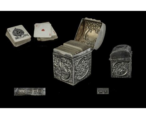 Antique Solid Silver Playing Card Case with cards, the case hallmarked Chester 1901, maker Nathan &amp; Hayes; case comes fit
