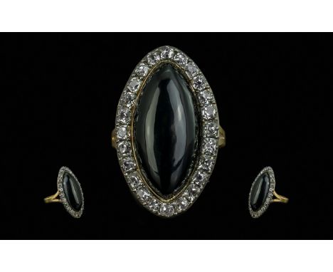 Early Victorian Period - Superb 18ct Gold Black Stone and Diamond Set Statement Ring. The Boat Shaped Large Black Stone as a 