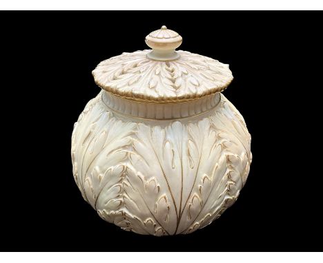 Royal Worcester Blush Ivory Lidded Vase - Decorated With Leaf Design and Gold Coloured Edging. Height 8'' Width 7''