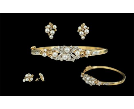 Ladies 18ct Gold Attractive Pearl and Diamond Set Hinged Bangle, Marked 18ct + A Matching Pair of 18ct Gold Pearl and Diamond