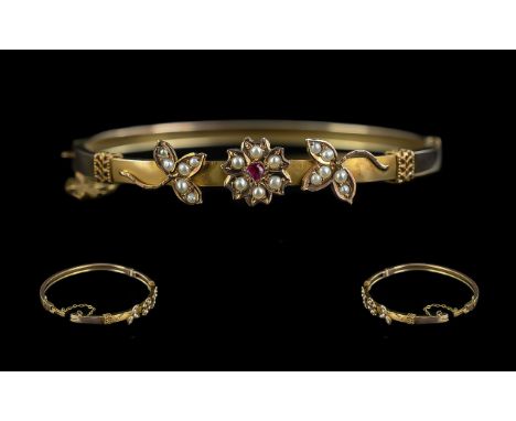 Victorian Period 1837 - 1901 Ladies 9ct Gold Hinged Bangle Set with Ruby and Pearls Flower head Design to Centre of Bangle. M