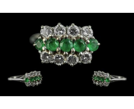 18ct White Gold Attractive 3 Row Diamond and Emerald Set Ring. Pleasing Design / Nice Quality. Marked 18ct to Shank, The 4 Fa