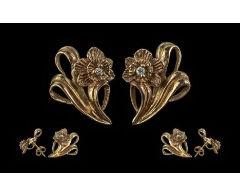 Stuart Devlin 14ct Gold and Diamond Earrings, made using Welsh gold set with diamonds and with fittings for pierced ears, the