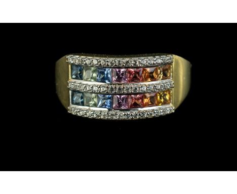 Multicolour Sapphire Half Eternity Ring, two rows of 'fancy' sapphires, the colours and shades of green, pink, orange and yel