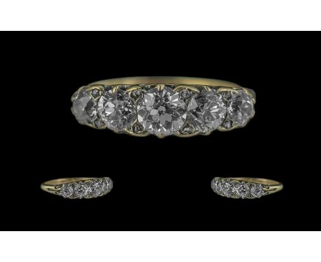 Antique Period - A Superb 18ct Gold 5 Stone Diamond Set Ring, Gallery Setting. The Five Round Faceted Diamonds of Excellent C