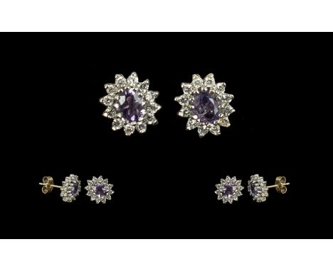 9ct Gold Pair of Crystal &amp; Lilac Stone Set Stud Earrings, for pierced ears.